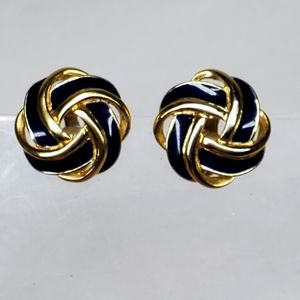 Vintage Trifari Swirl Loop Navy Blue Enamel Gold Tone Clip On Costume Earrings